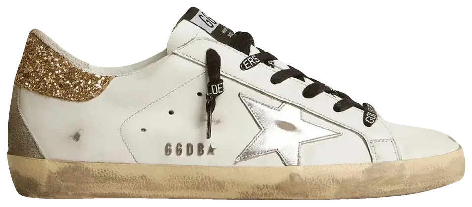 Golden Goose Super-Star White Leather Glittery Heel Tab