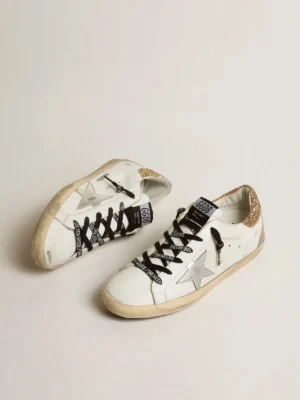 Golden Goose Super-Star White Leather Glittery Heel Tab